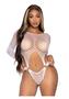 Leg Avenue Long Sleeve Pothole Suspender Top Bodysuit With Thong Back And O-ring Detail - O/s - White